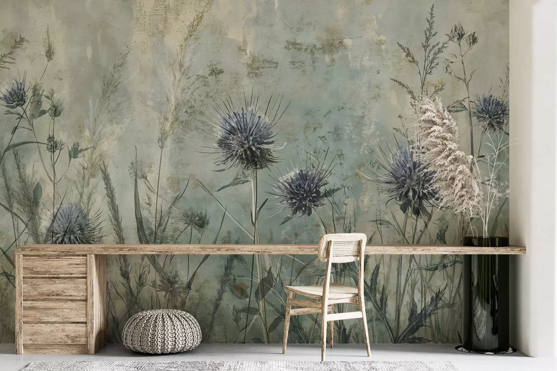 murais de parede Um campo de flores de cardo roxo com flores e folhagem esbatidas num fundo textural vintage w08463