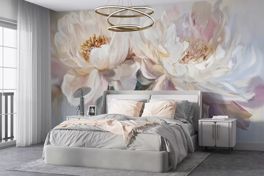murais de parede Suaves e delicadas peónias brancas e rosa pastel com pétalas exuberantes sobre um fundo de imitação de pintura esbatida w08466