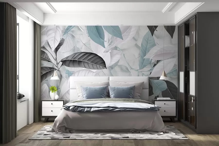 murais de parede Impressão grande de folhas azuis e cinzentas sobre um fundo texturado de folhas claras, criando um ambiente tropical exuberante w08468v1