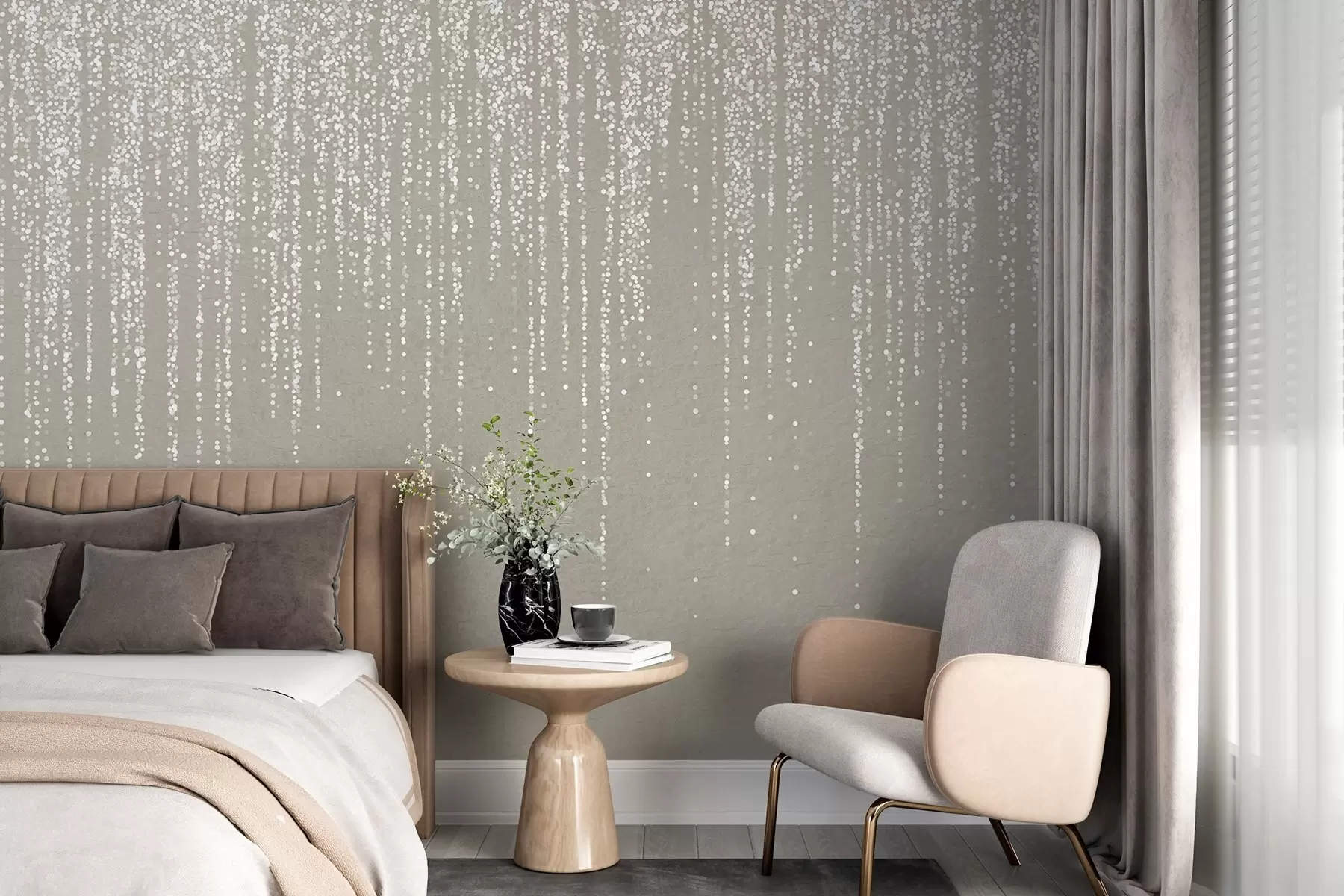 murais de parede Uma elegante impressão vertical de grinalda pontilhada sobre um fundo bege texturado, criando uma sensação de profundidade e movimento w08470