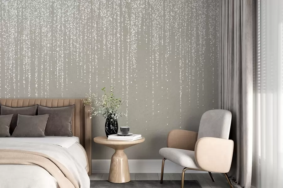 murais de parede Uma elegante impressão vertical de grinalda pontilhada sobre um fundo bege texturado, criando uma sensação de profundidade e movimento w08470