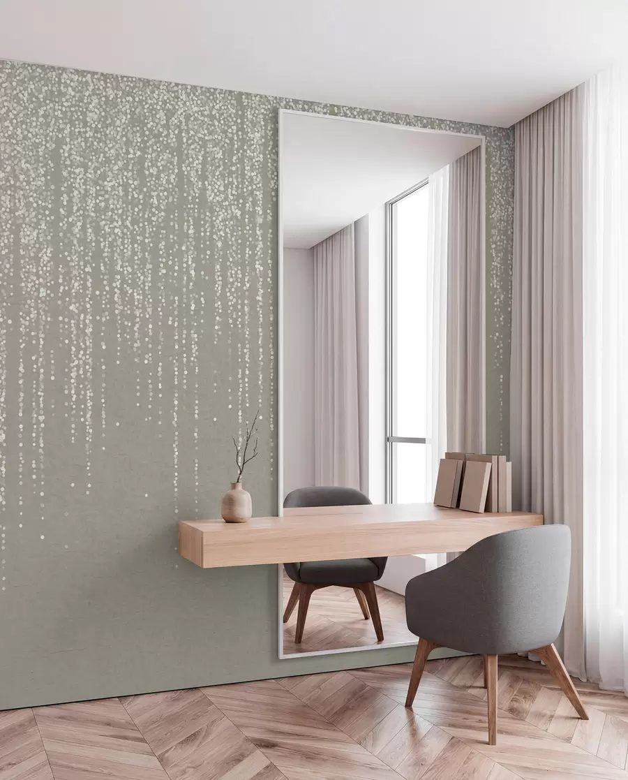 murais de parede Uma elegante impressão vertical de grinalda pontilhada sobre um fundo bege texturado, criando uma sensação de profundidade e movimento w08470