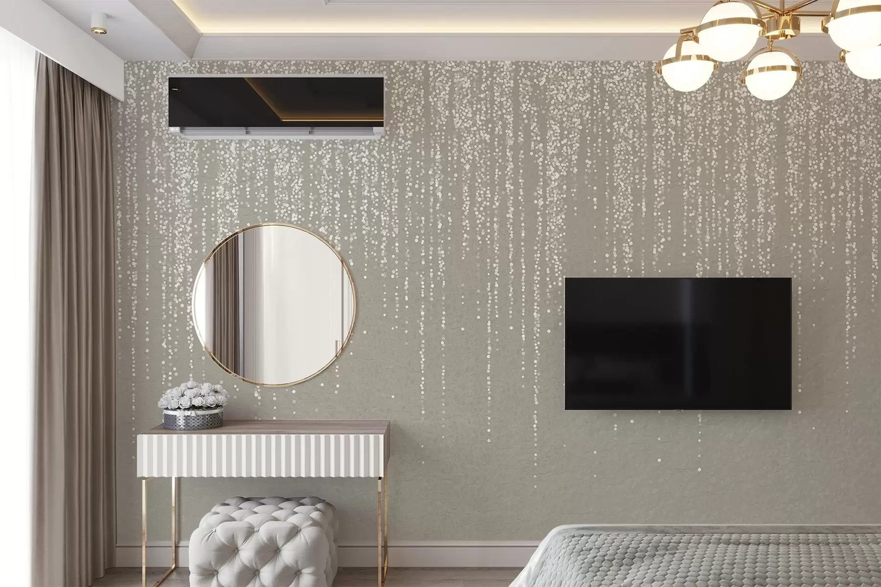murais de parede Uma elegante impressão vertical de grinalda pontilhada sobre um fundo bege texturado, criando uma sensação de profundidade e movimento w08470