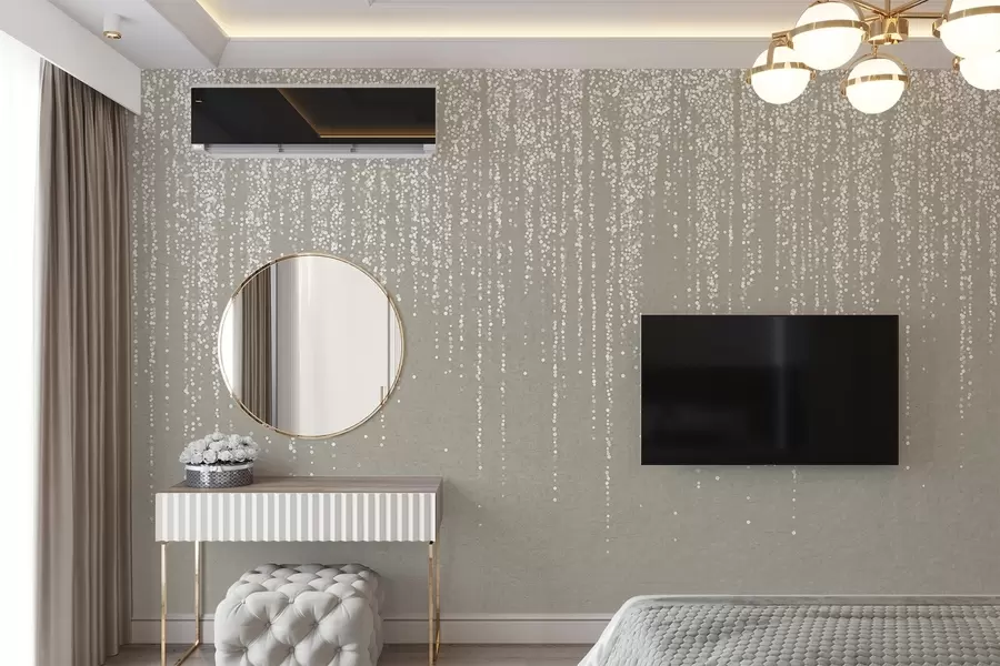 murais de parede Uma elegante impressão vertical de grinalda pontilhada sobre um fundo bege texturado, criando uma sensação de profundidade e movimento w08470