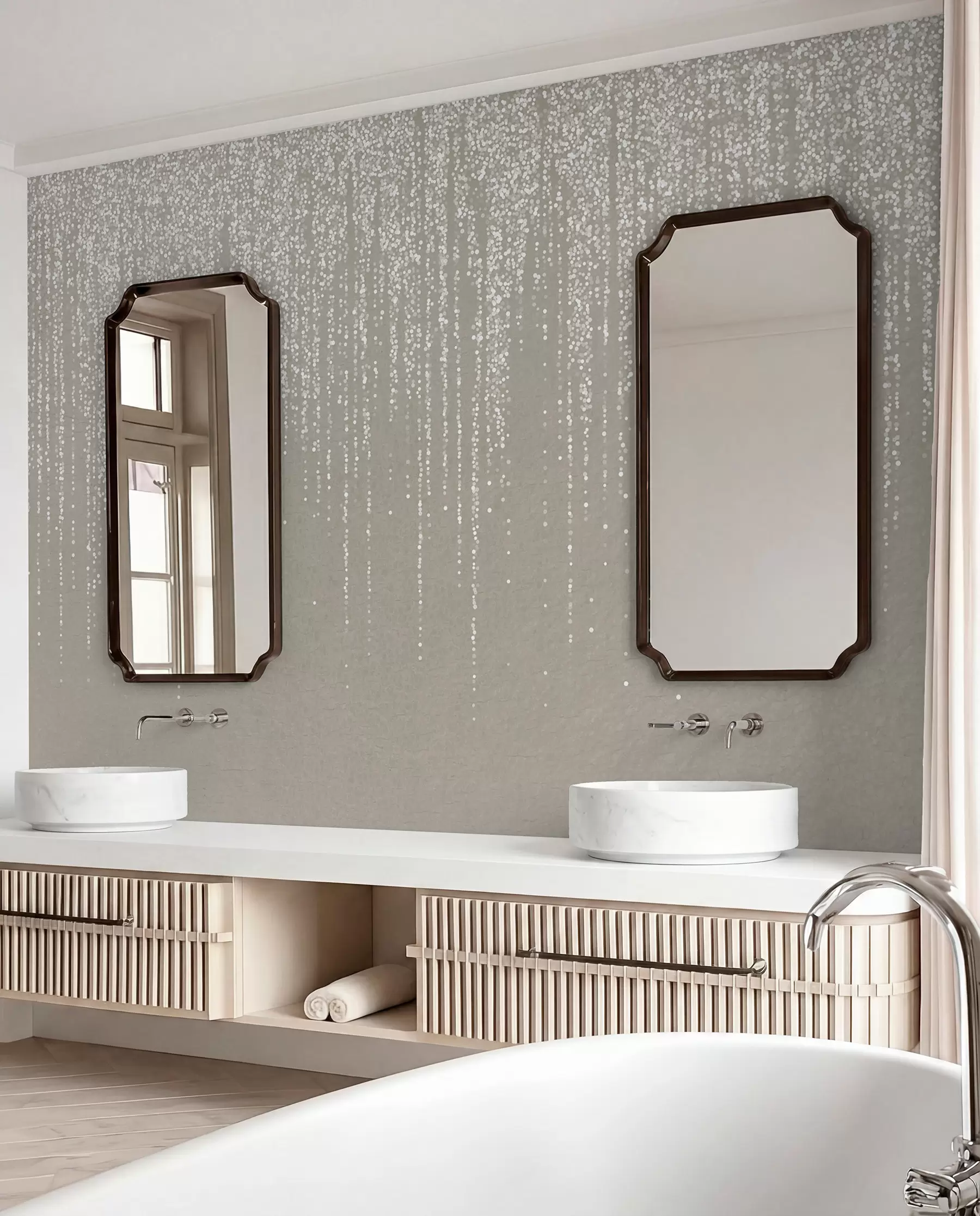murais de parede Uma elegante impressão vertical de grinalda pontilhada sobre um fundo bege texturado, criando uma sensação de profundidade e movimento w08470