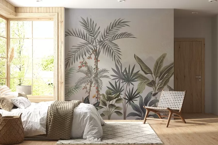 murais de parede Selva tropical com palmeiras e pássaros coloridos w08496