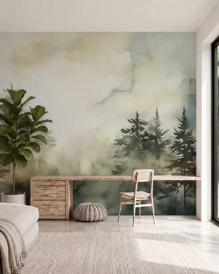 murais de parede Pintura de imitação de floresta aguarela w02473