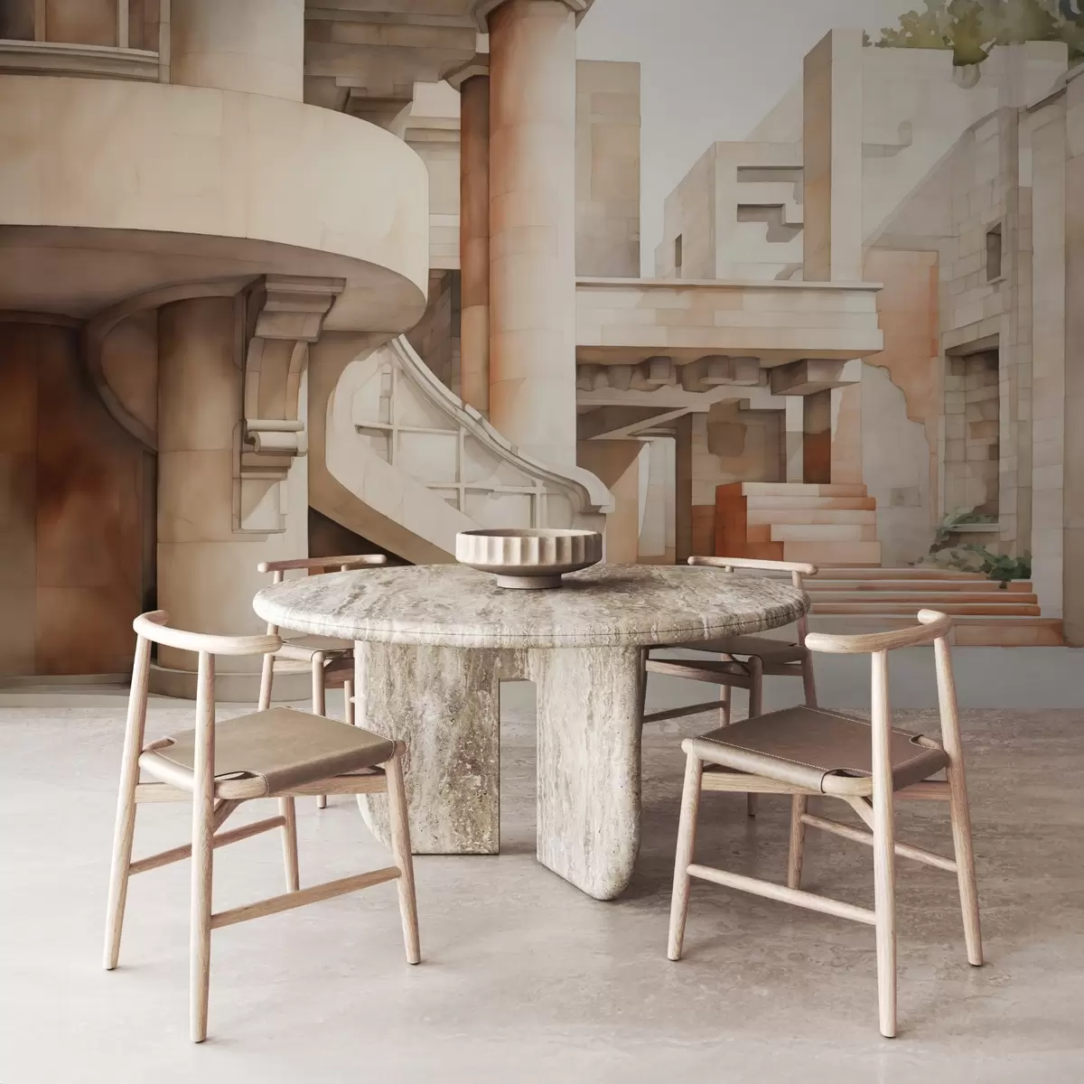 murais de parede Edifício com degraus e colunas imitação de aguarela w02498