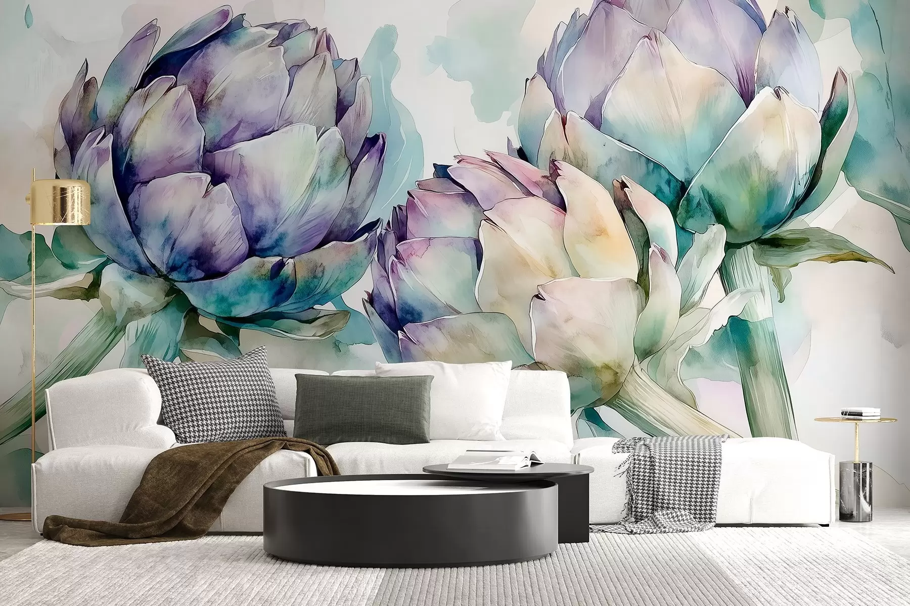 murais de parede Alcachofras estilo aguarela, flores, rosa e verde w02481v1