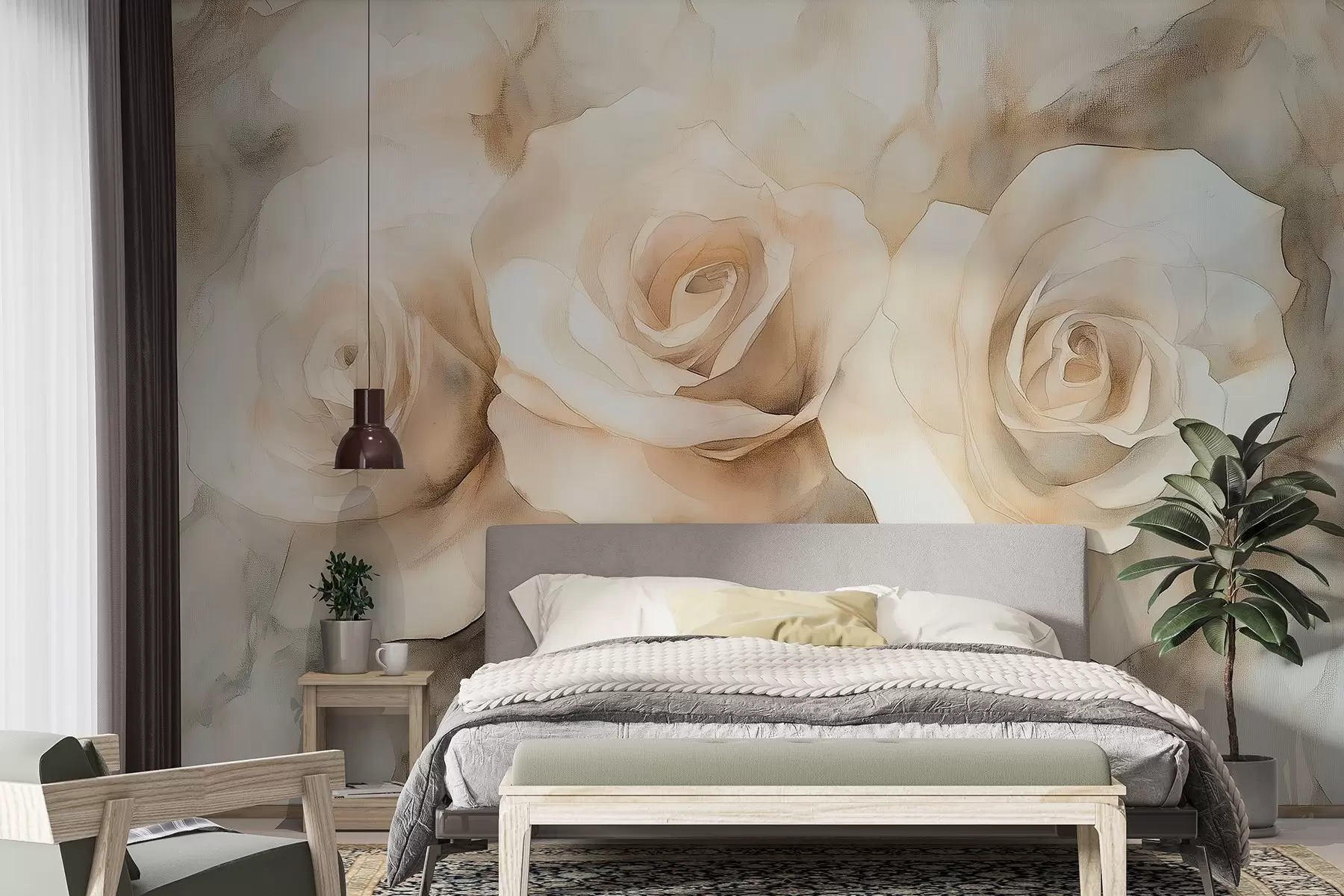 murais de parede Lindas rosas, estilo aguarela, cores bege, boémio w02492