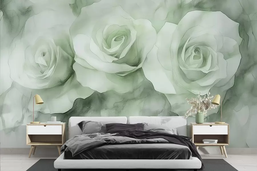 murais de parede Lindas rosas, estilo aguarela, cores verdes, boémio w02492v2