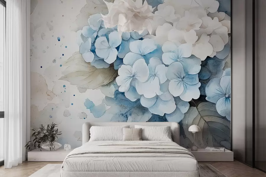 murais de parede Desenho a aguarela de flores de hortênsia com folhas, cores naturais suaves w02493