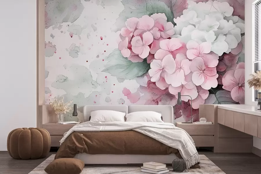 murais de parede Desenho a aguarela de flores de hortênsia com folhas, cor-de-rosa suave e verde w02493v1
