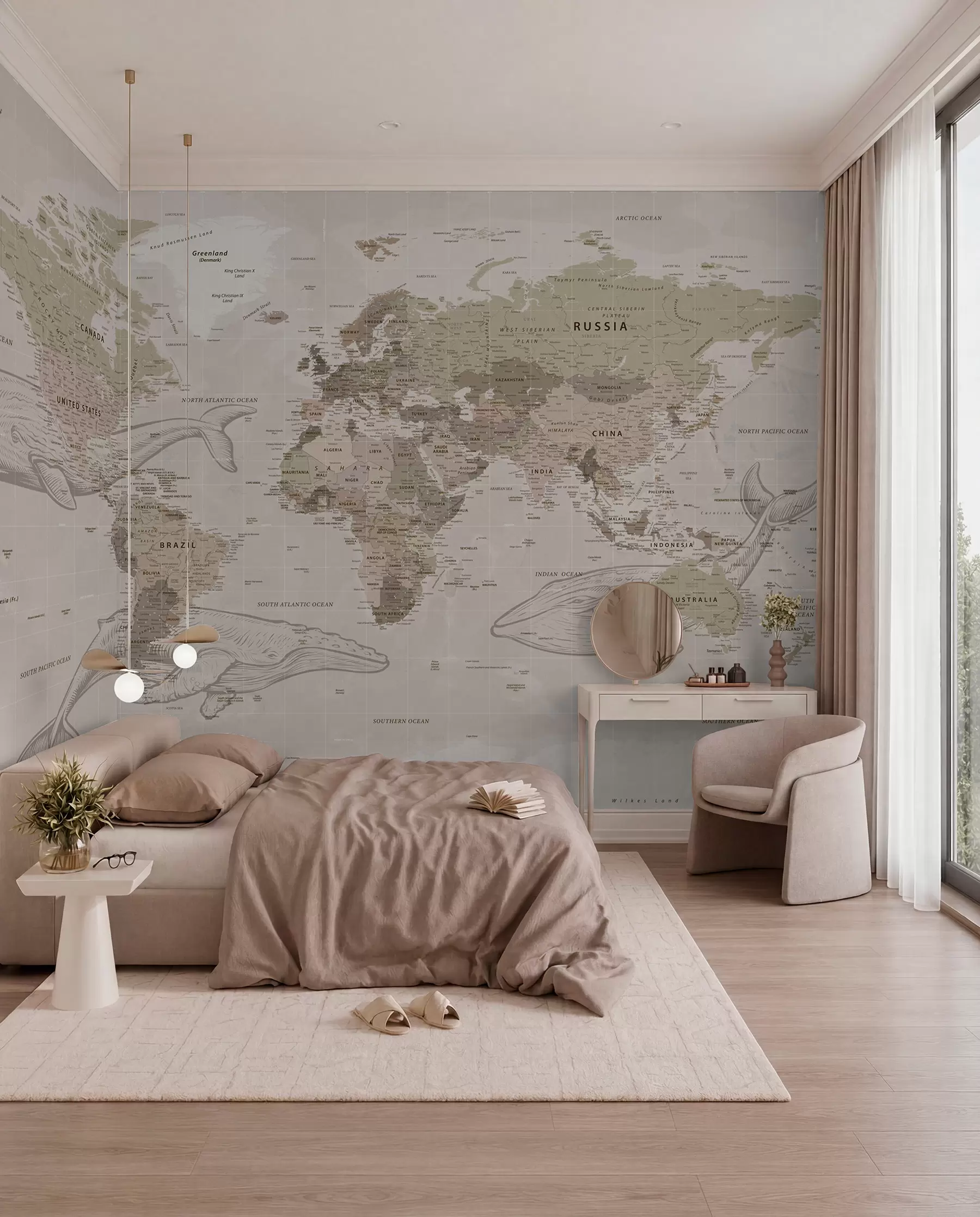 murais de parede Mapa do mundo com baleias u50449