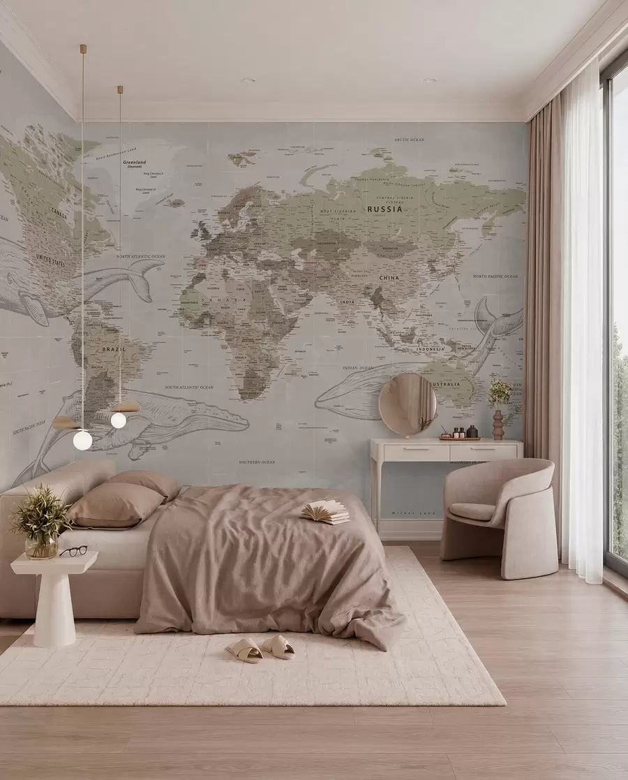 murais de parede Mapa do mundo com baleias u50449