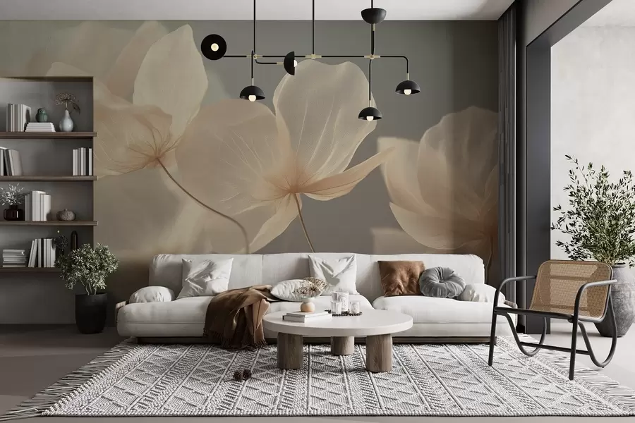 murais de parede Pétalas de lótus, uma composição delicada com um fundo cinzento w08500v2