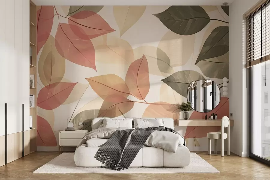 murais de parede Ramos de folhas em tons de vermelho e verde w08502