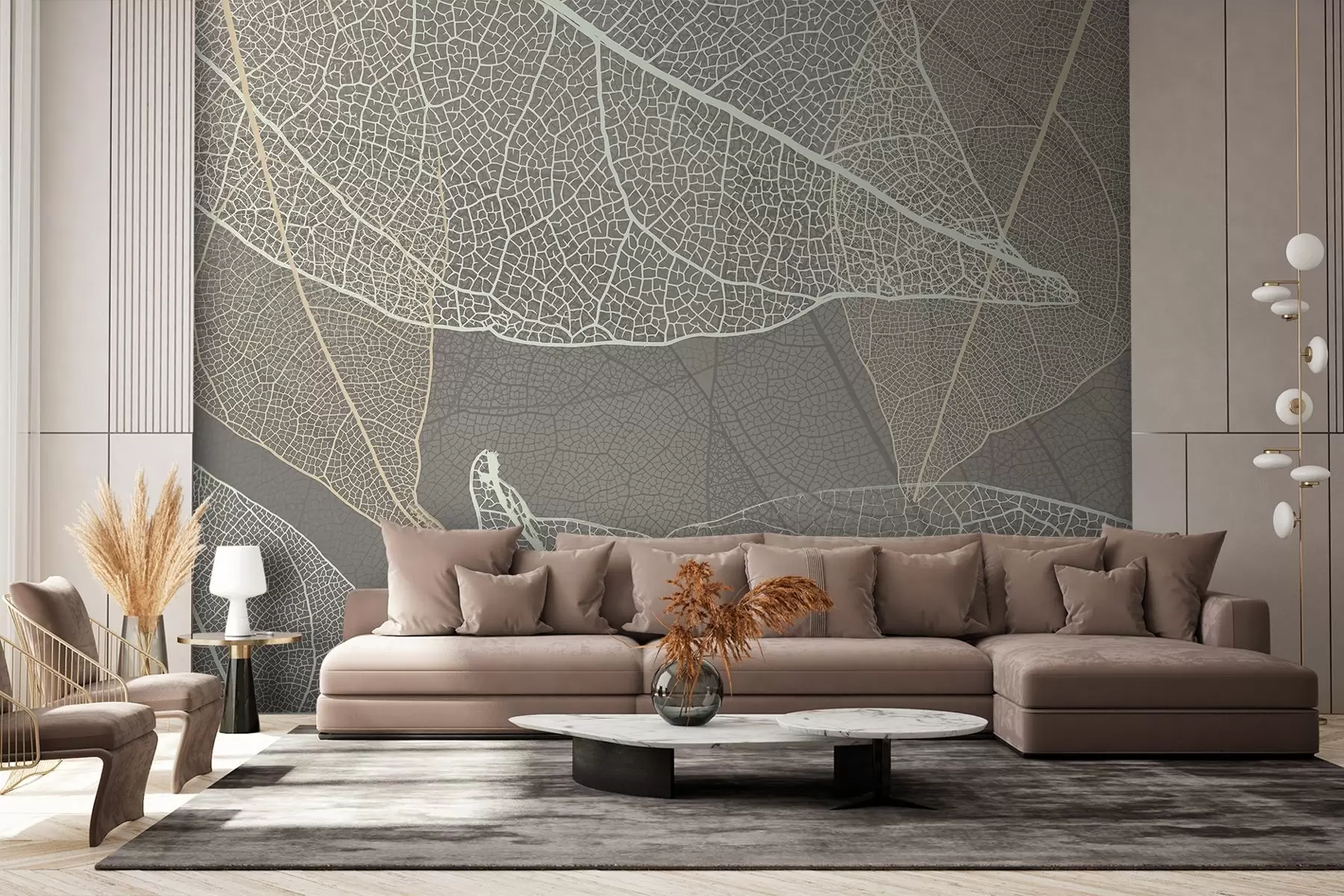 murais de parede grande plano de folhas com nervuras em tons de cinzento quentes w02520v2