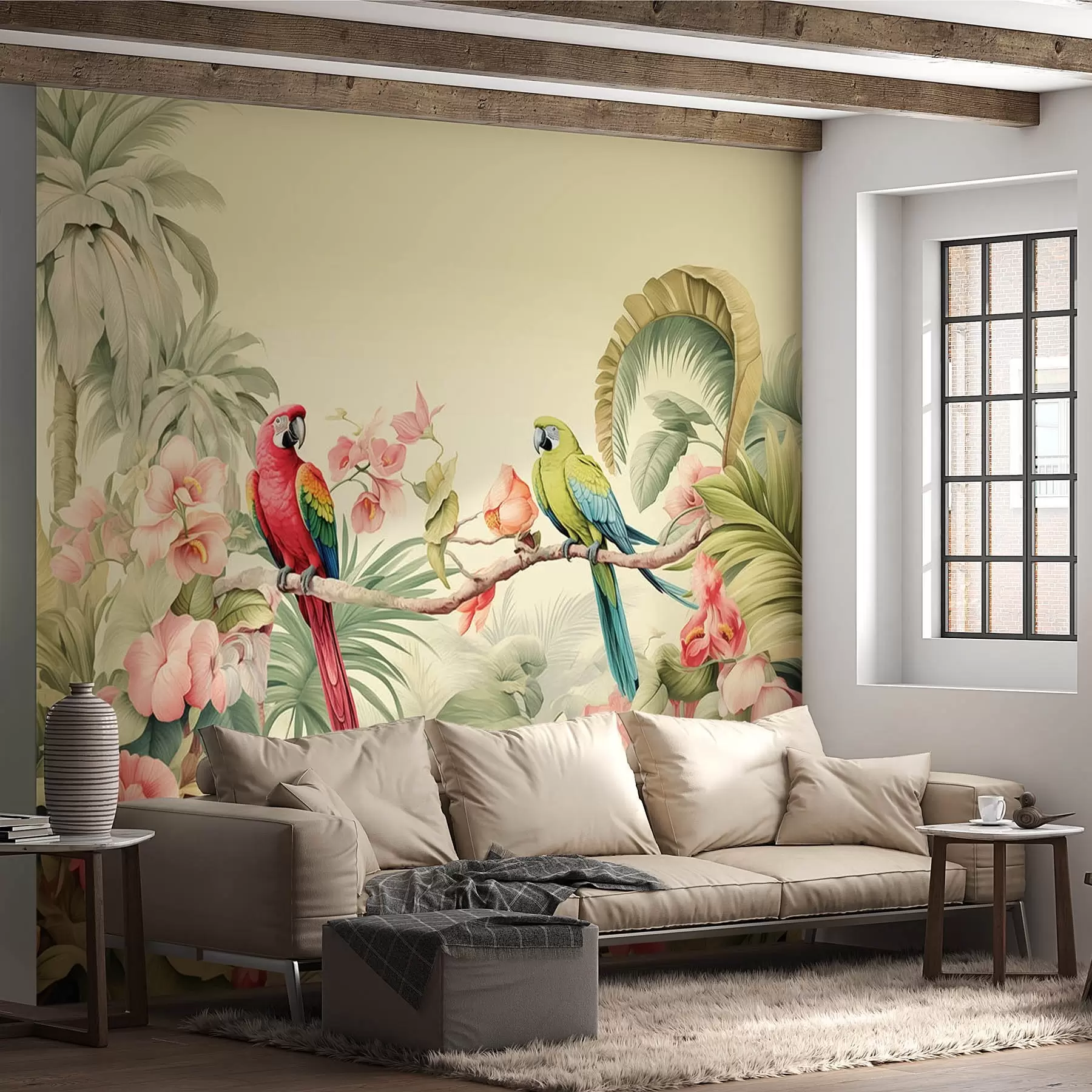 murais de parede Dois papagaios em arbustos tropicais w08507