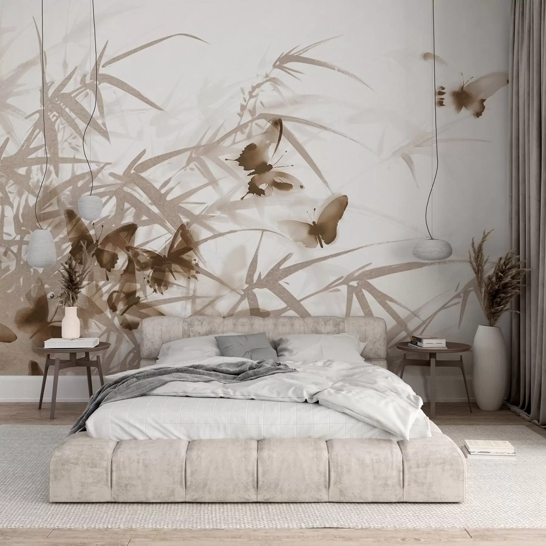 murais de parede Folhas e caules de bambu texturados com borboletas castanhas voadoras com asas transparentes w08524v1