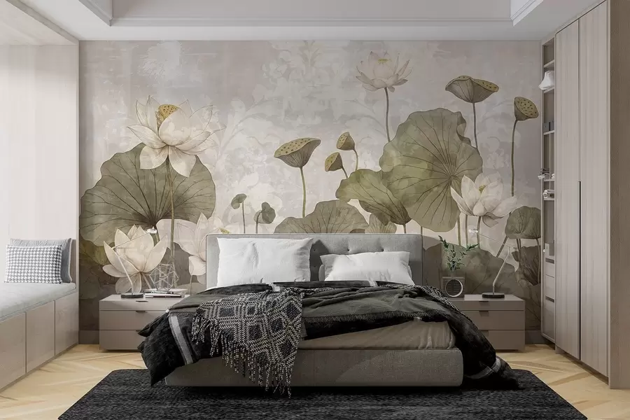 murais de parede Um campo de flores de lótus brancas com grandes folhas verdes sobre um fundo bege de textura suave e enevoada w08527