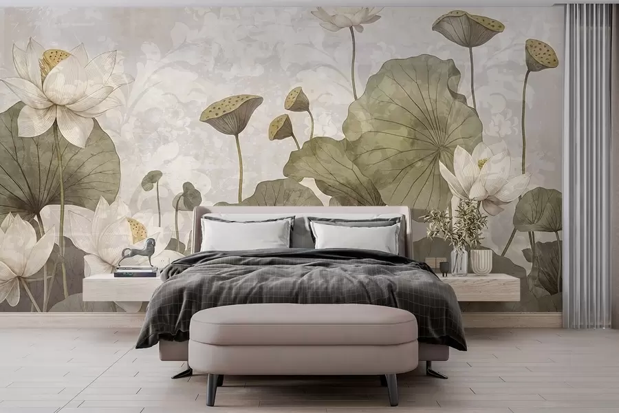 murais de parede Um campo de flores de lótus brancas com grandes folhas verdes sobre um fundo bege de textura suave e enevoada w08527