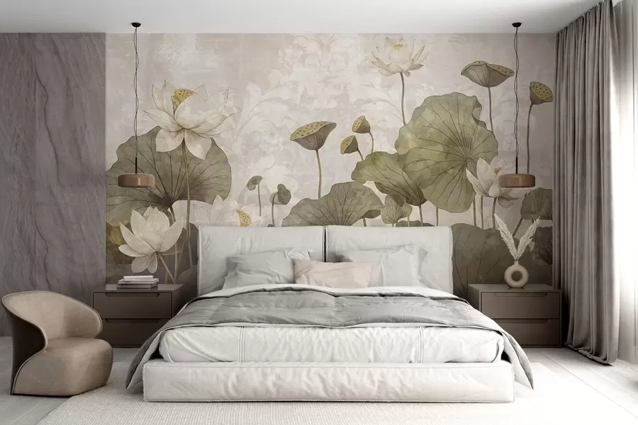 murais de parede Um campo de flores de lótus brancas com grandes folhas verdes sobre um fundo bege de textura suave e enevoada w08527