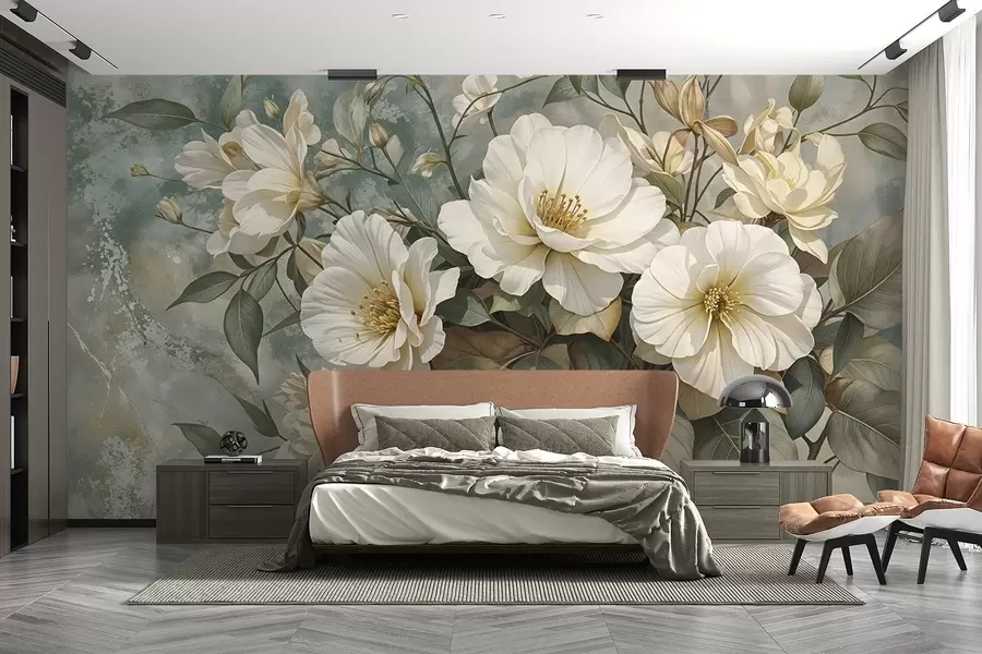 murais de parede Flores de peónia grandes, brancas e pormenorizadas com folhas verdes sobre um fundo turquesa suave e textural w08528