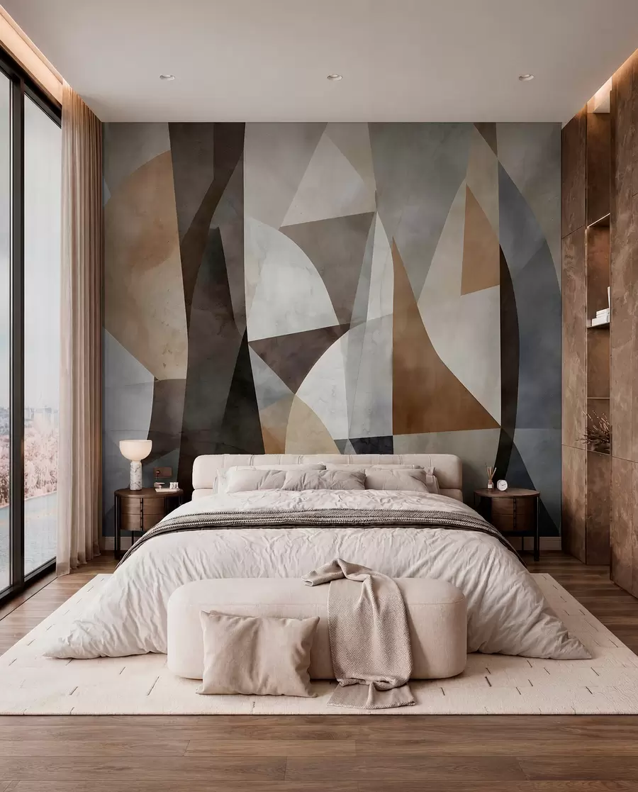 murais de parede Arte moderna abstrata com formas geométricas texturais em tons de castanho, cinzento e bege w08530