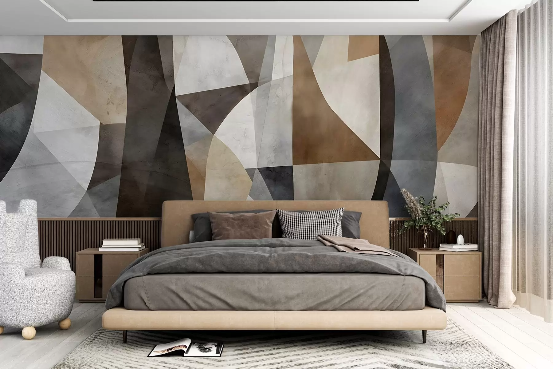 murais de parede Arte moderna abstrata com formas geométricas texturais em tons de castanho, cinzento e bege w08530