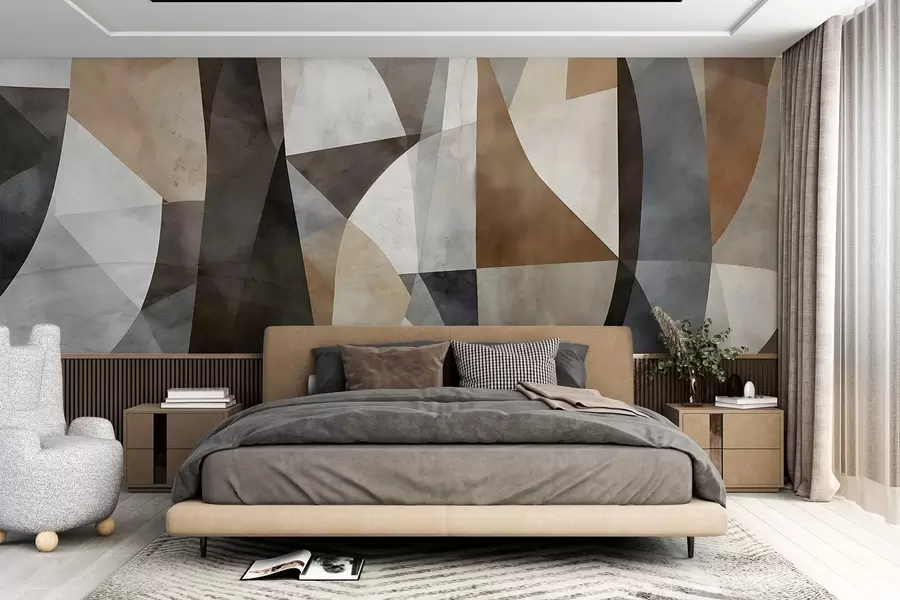 murais de parede Arte moderna abstrata com formas geométricas texturais em tons de castanho, cinzento e bege w08530
