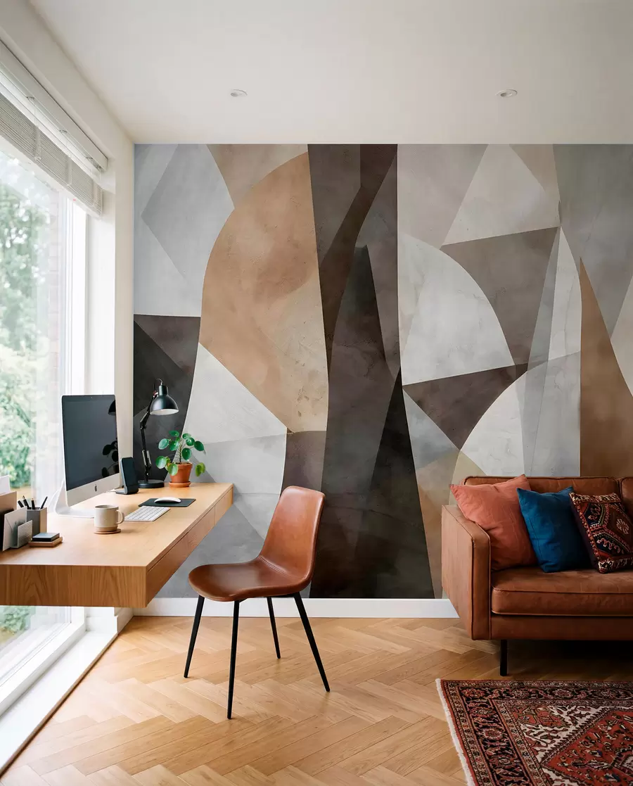 murais de parede Arte moderna abstrata com formas geométricas texturais em tons de castanho, cinzento e bege w08530