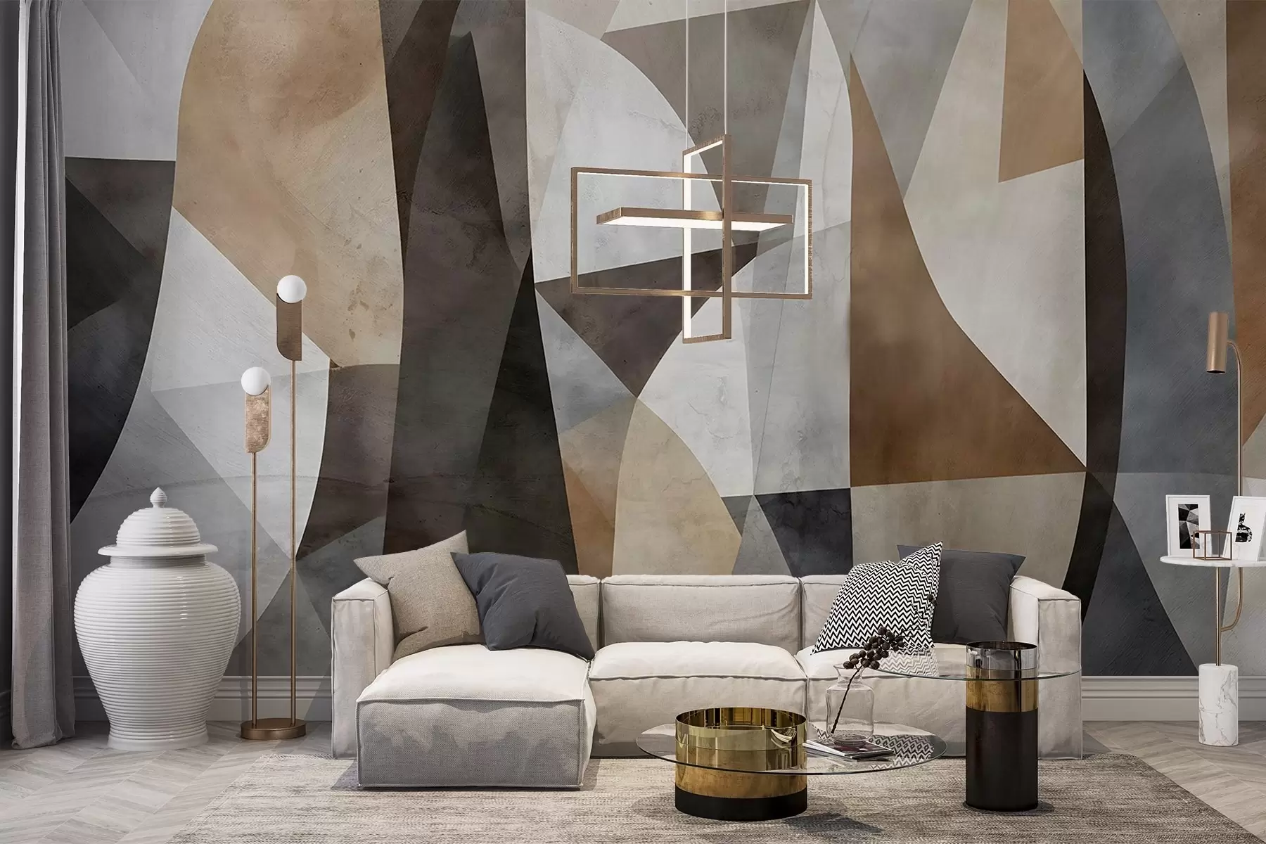 murais de parede Arte moderna abstrata com formas geométricas texturais em tons de castanho, cinzento e bege w08530