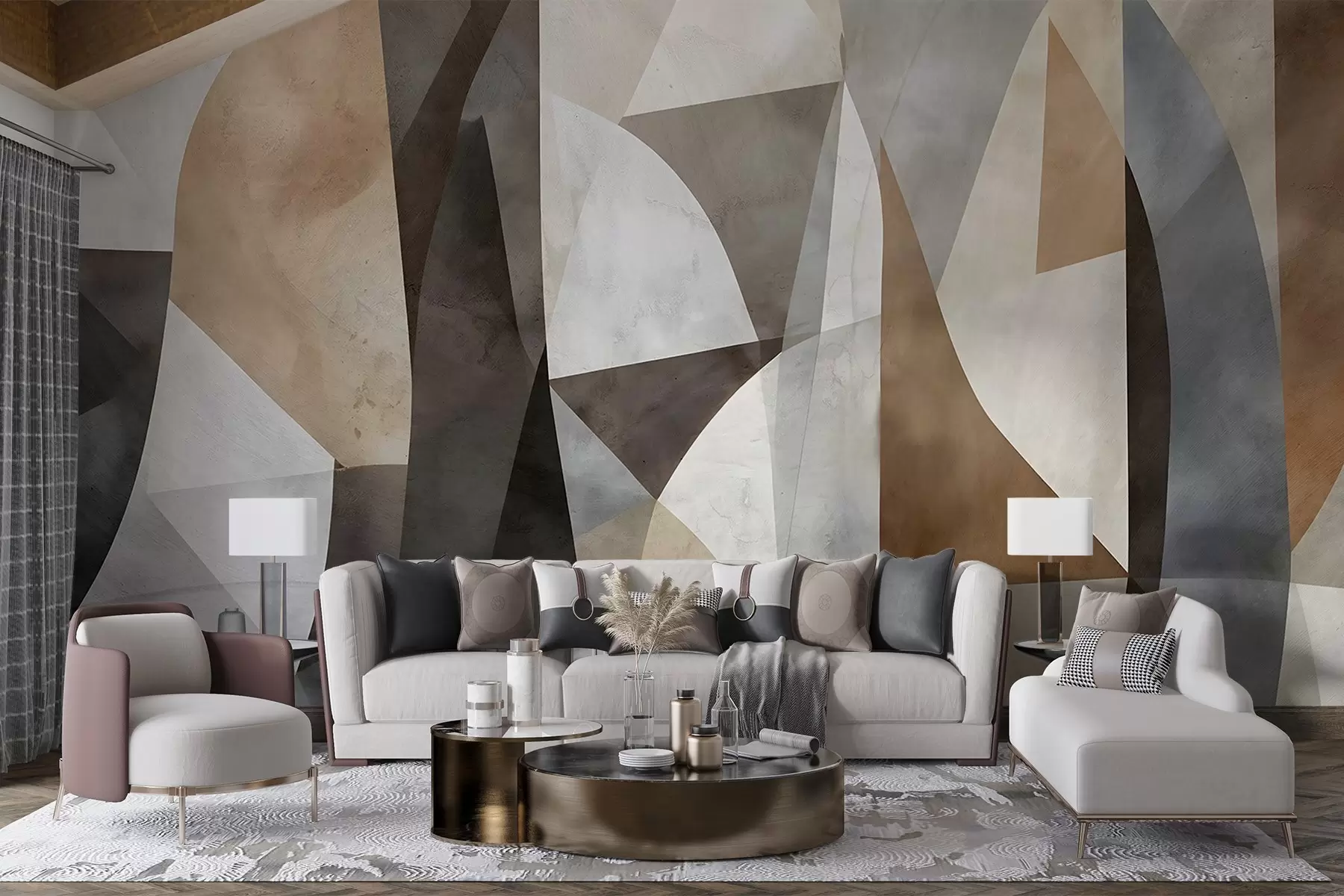 murais de parede Arte moderna abstrata com formas geométricas texturais em tons de castanho, cinzento e bege w08530