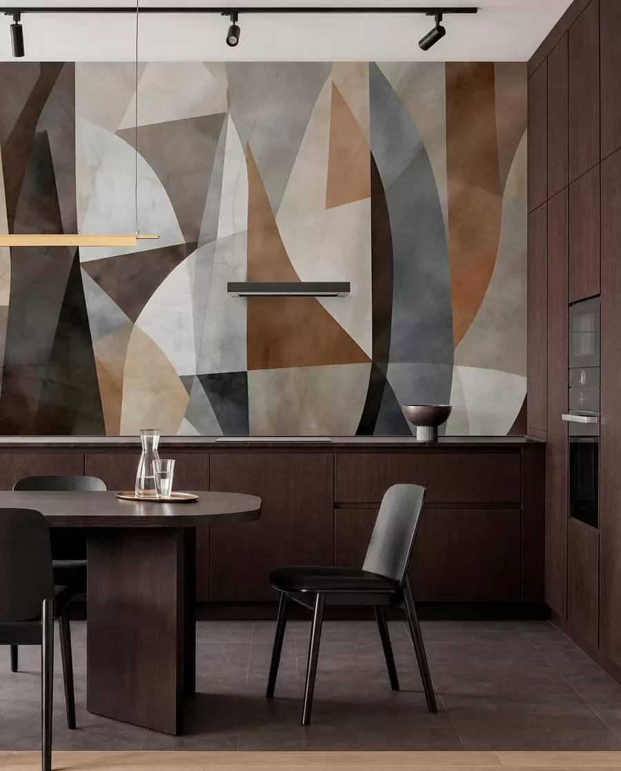 murais de parede Arte moderna abstrata com formas geométricas texturais em tons de castanho, cinzento e bege w08530