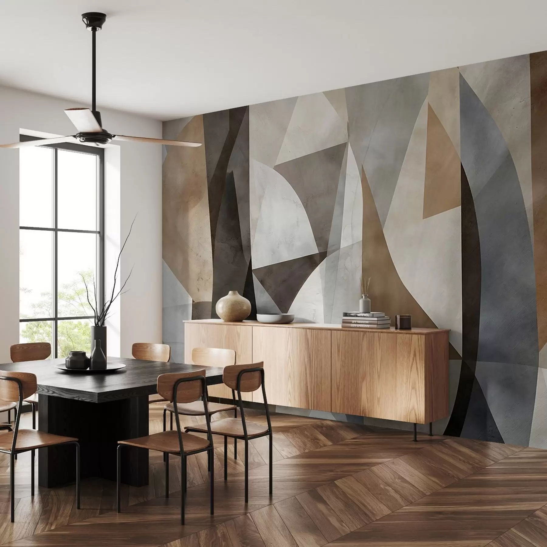 murais de parede Arte moderna abstrata com formas geométricas texturais em tons de castanho, cinzento e bege w08530