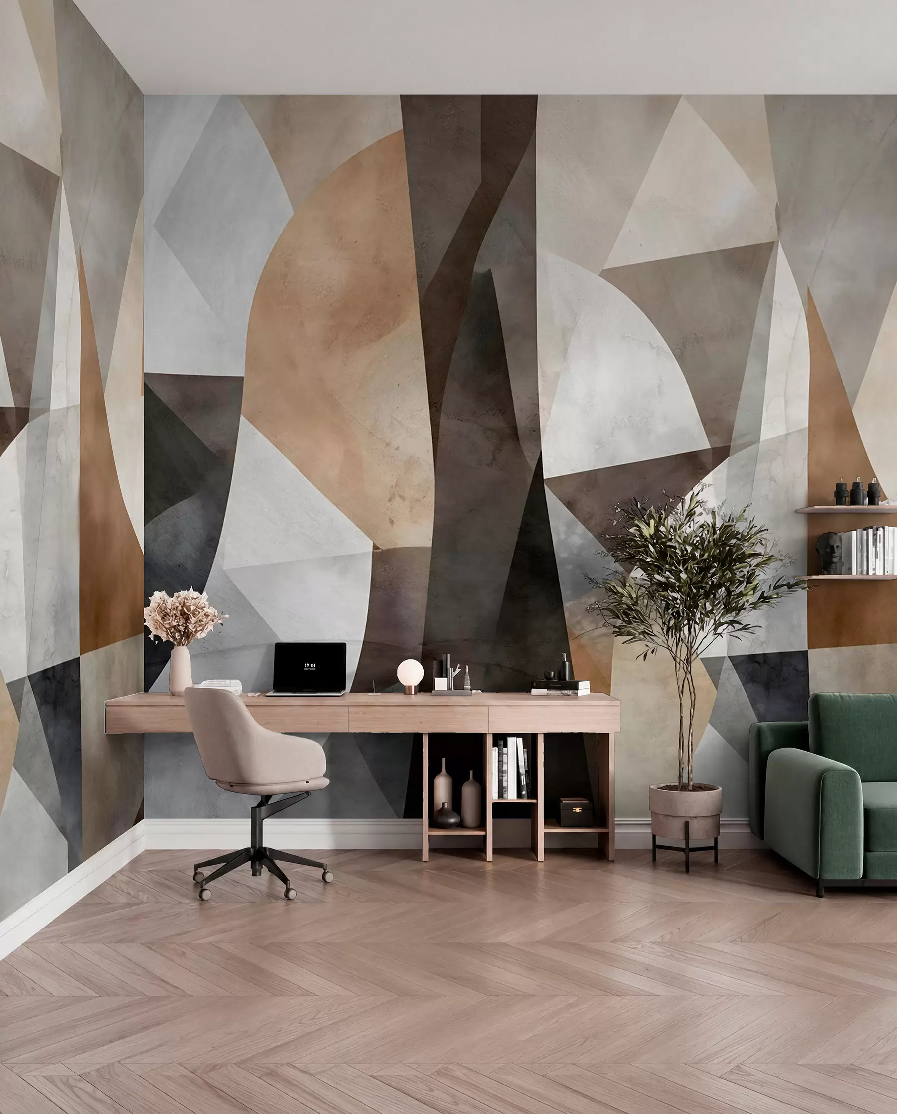 murais de parede Arte moderna abstrata com formas geométricas texturais em tons de castanho, cinzento e bege w08530