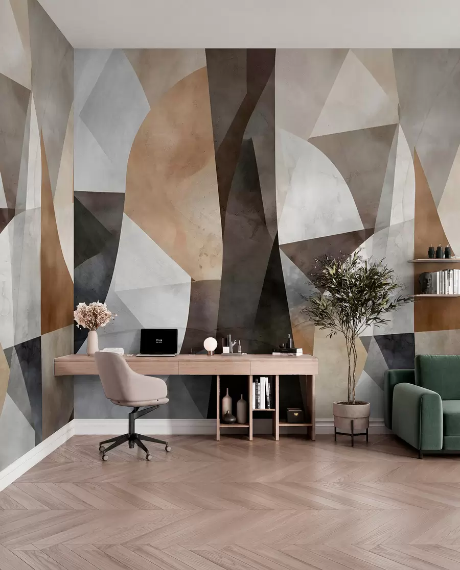 murais de parede Arte moderna abstrata com formas geométricas texturais em tons de castanho, cinzento e bege w08530