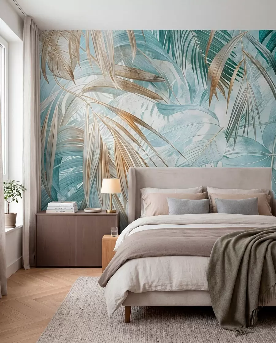 murais de parede Um estampado floral abstrato tropical com grandes folhas de palmeira em tons de azul e bege cria uma atmosfera exuberante w08532