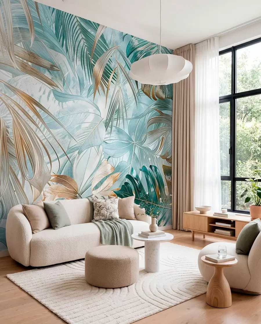 murais de parede Um estampado floral abstrato tropical com grandes folhas de palmeira em tons de azul e bege cria uma atmosfera exuberante w08532