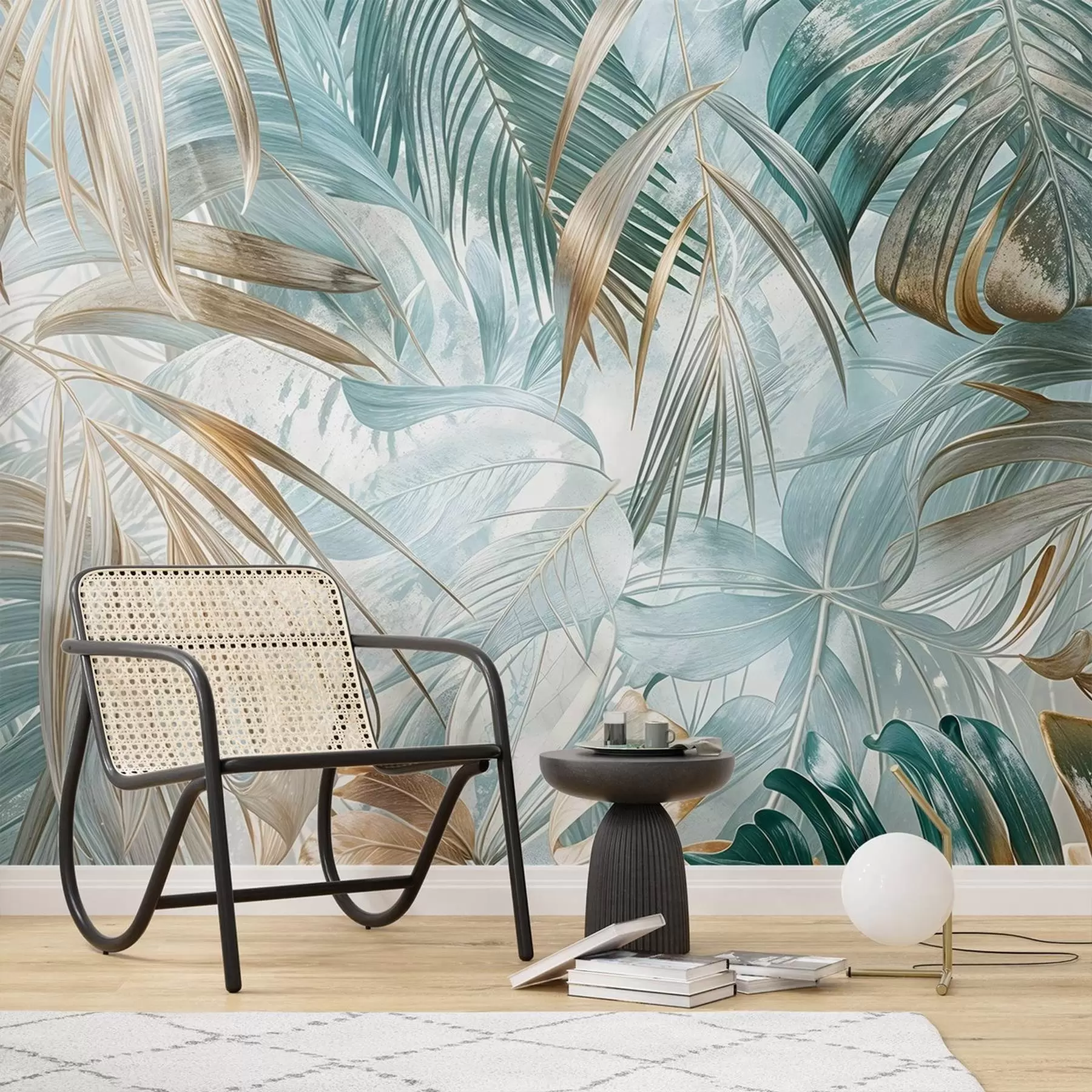 murais de parede Um estampado floral abstrato tropical com grandes folhas de palmeira em tons de azul e bege cria uma atmosfera exuberante w08532