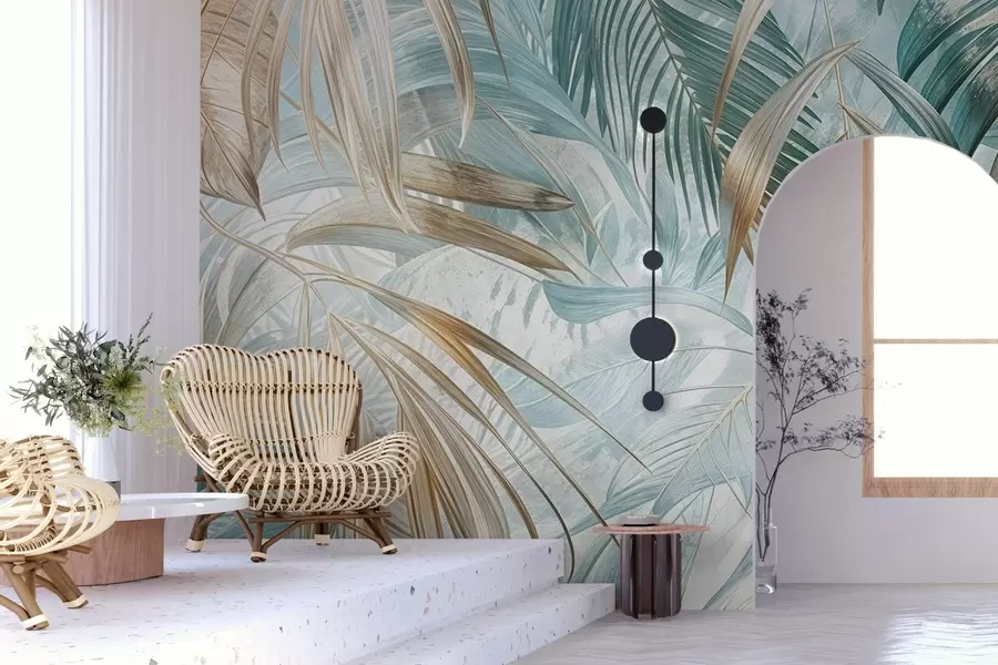 murais de parede Um estampado floral abstrato tropical com grandes folhas de palmeira em tons de azul e bege cria uma atmosfera exuberante w08532