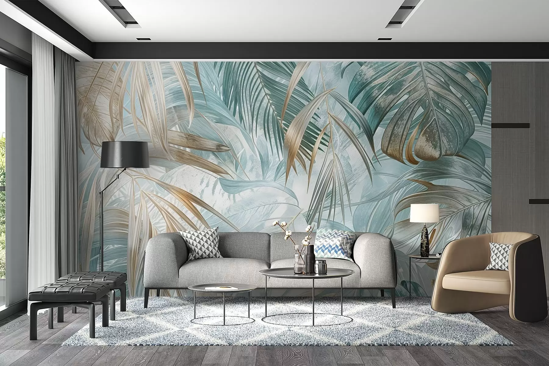 murais de parede Um estampado floral abstrato tropical com grandes folhas de palmeira em tons de azul e bege cria uma atmosfera exuberante w08532