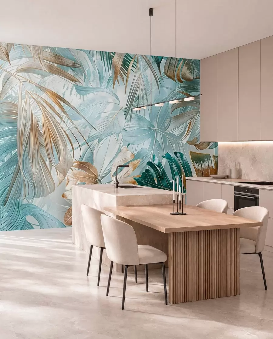 murais de parede Um estampado floral abstrato tropical com grandes folhas de palmeira em tons de azul e bege cria uma atmosfera exuberante w08532