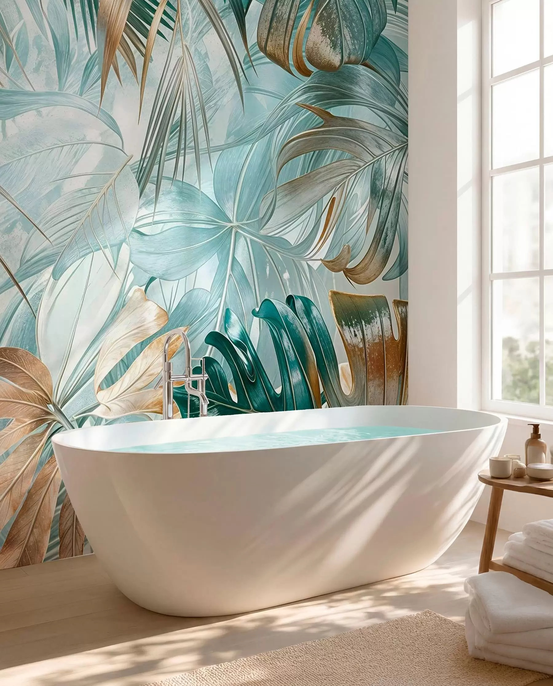 murais de parede Um estampado floral abstrato tropical com grandes folhas de palmeira em tons de azul e bege cria uma atmosfera exuberante w08532