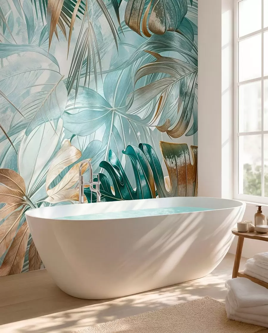 murais de parede Um estampado floral abstrato tropical com grandes folhas de palmeira em tons de azul e bege cria uma atmosfera exuberante w08532