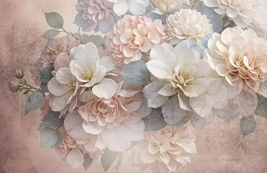 murais de parede Estampado textural suave com flores de peónia pêssego e brancas com folhas verdes sobre um fundo bege w08534