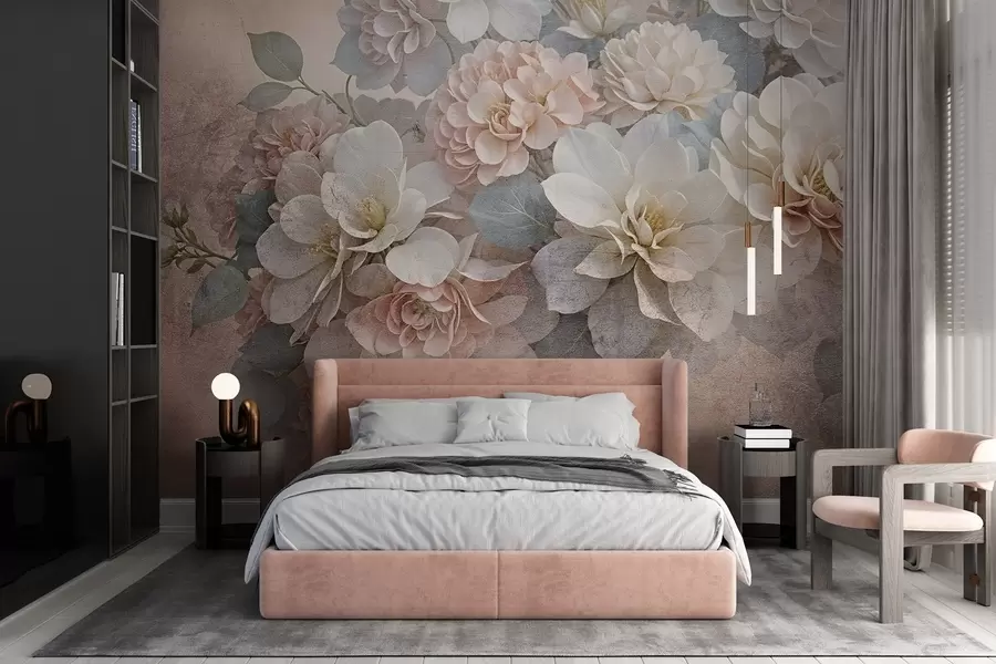 murais de parede Estampado textural suave com flores de peónia pêssego e brancas com folhas verdes sobre um fundo bege w08534