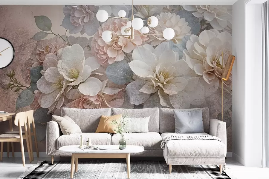 murais de parede Estampado textural suave com flores de peónia pêssego e brancas com folhas verdes sobre um fundo bege w08534