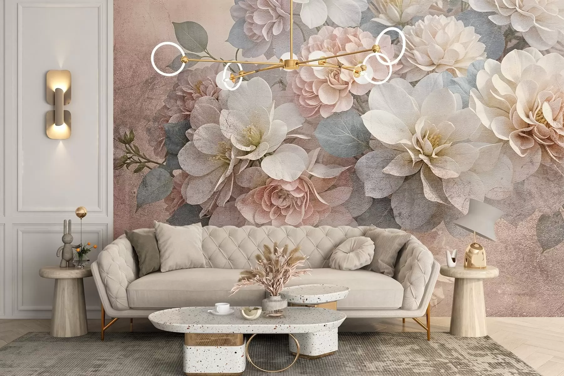 murais de parede Estampado textural suave com flores de peónia pêssego e brancas com folhas verdes sobre um fundo bege w08534